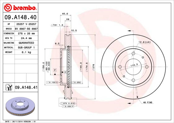 Bremsscheibe Vorderachse Brembo 09.A148.41 Bremsscheibe Vorderachse Brembo 09.A148.41 von Brembo