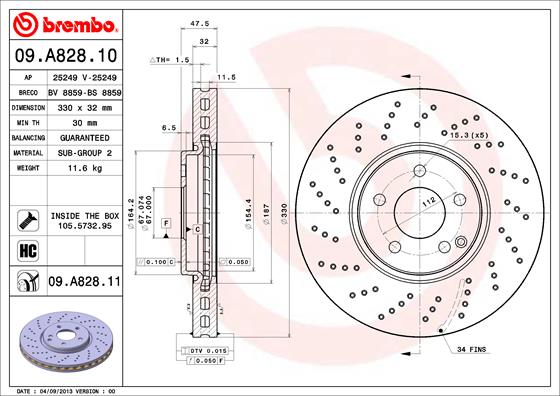 Bremsscheibe Vorderachse Brembo 09.A828.11 Bremsscheibe Vorderachse Brembo 09.A828.11 von Brembo