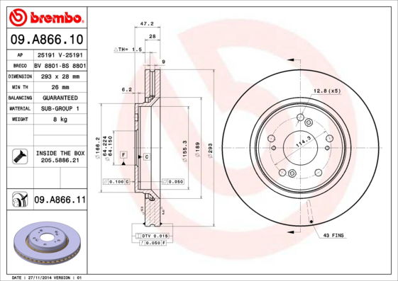Bremsscheibe Vorderachse Brembo 09.A866.11 Bremsscheibe Vorderachse Brembo 09.A866.11 von Brembo