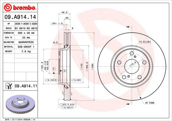 Bremsscheibe Vorderachse Brembo 09.A914.11 Bremsscheibe Vorderachse Brembo 09.A914.11 von Brembo