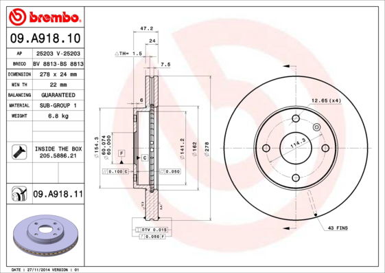 Bremsscheibe Vorderachse Brembo 09.A918.11 Bremsscheibe Vorderachse Brembo 09.A918.11 von Brembo