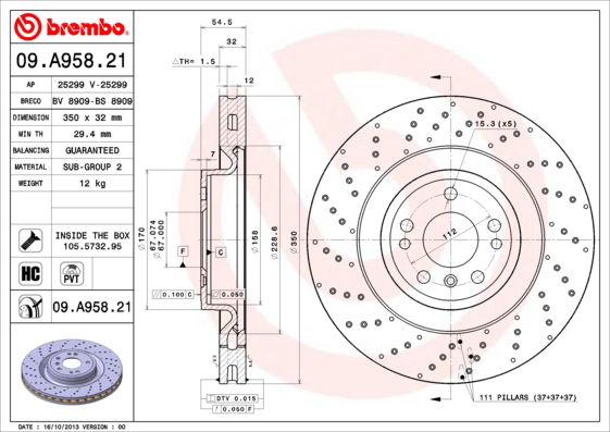 Bremsscheibe Vorderachse Brembo 09.A958.21 Bremsscheibe Vorderachse Brembo 09.A958.21 von Brembo