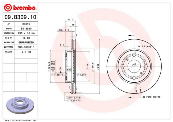 Bremsscheibe Vorderachse Brembo 09.B309.10 von Brembo