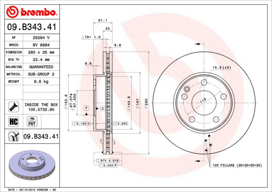 Bremsscheibe Vorderachse Brembo 09.B343.41 von Brembo