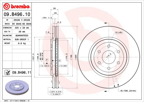 Bremsscheibe Vorderachse Brembo 09.B496.11 Bremsscheibe Vorderachse Brembo 09.B496.11 von Brembo
