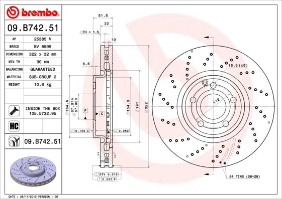 Bremsscheibe Vorderachse Brembo 09.B742.51 Bremsscheibe Vorderachse Brembo 09.B742.51 von Brembo