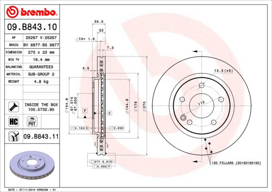 Bremsscheibe Vorderachse Brembo 09.B843.11 Bremsscheibe Vorderachse Brembo 09.B843.11 von Brembo