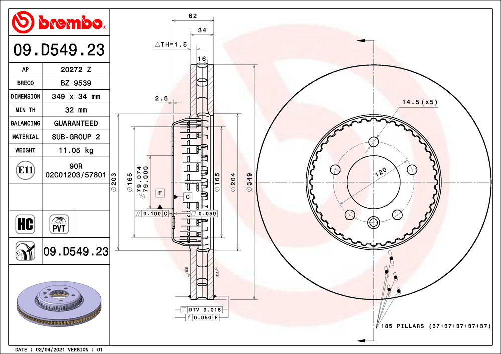 Bremsscheibe Vorderachse Brembo 09.D549.23 Bremsscheibe Vorderachse Brembo 09.D549.23 von Brembo