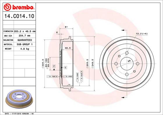 Bremstrommel Hinterachse Brembo 14.C014.10 von Brembo