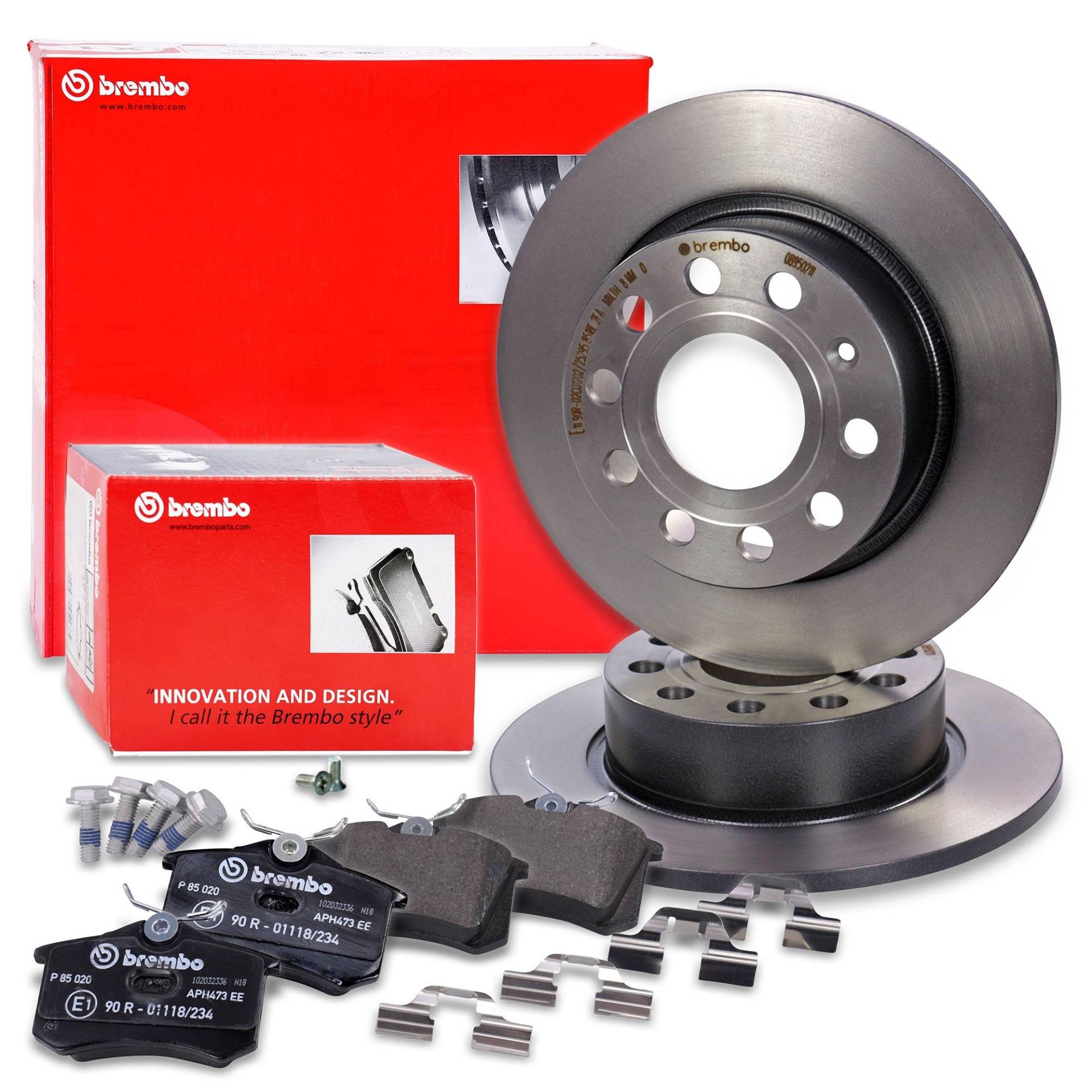 ORIGINAL BREMBO 2x Coated Disc Bremsscheibe Voll Ø253 mm + Bremsbeläge Bremsklötze Bremsscheiben Bremsensatz Bremsenset Bremsenkit Bremse Bremsen Satz Set Kit Hinten von Brembo