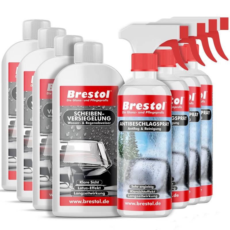 Brestol ® Antibeschlagspray + Scheibenversiegelung Set3 (4X 250 ml + 4X 300 ml)- Wasserabweiser Regenabweiser Antifog Antibeschlag Abperleffekt Abperl-Effekt Nano Klarsichtspray Antibeschlagmittel von Brestol