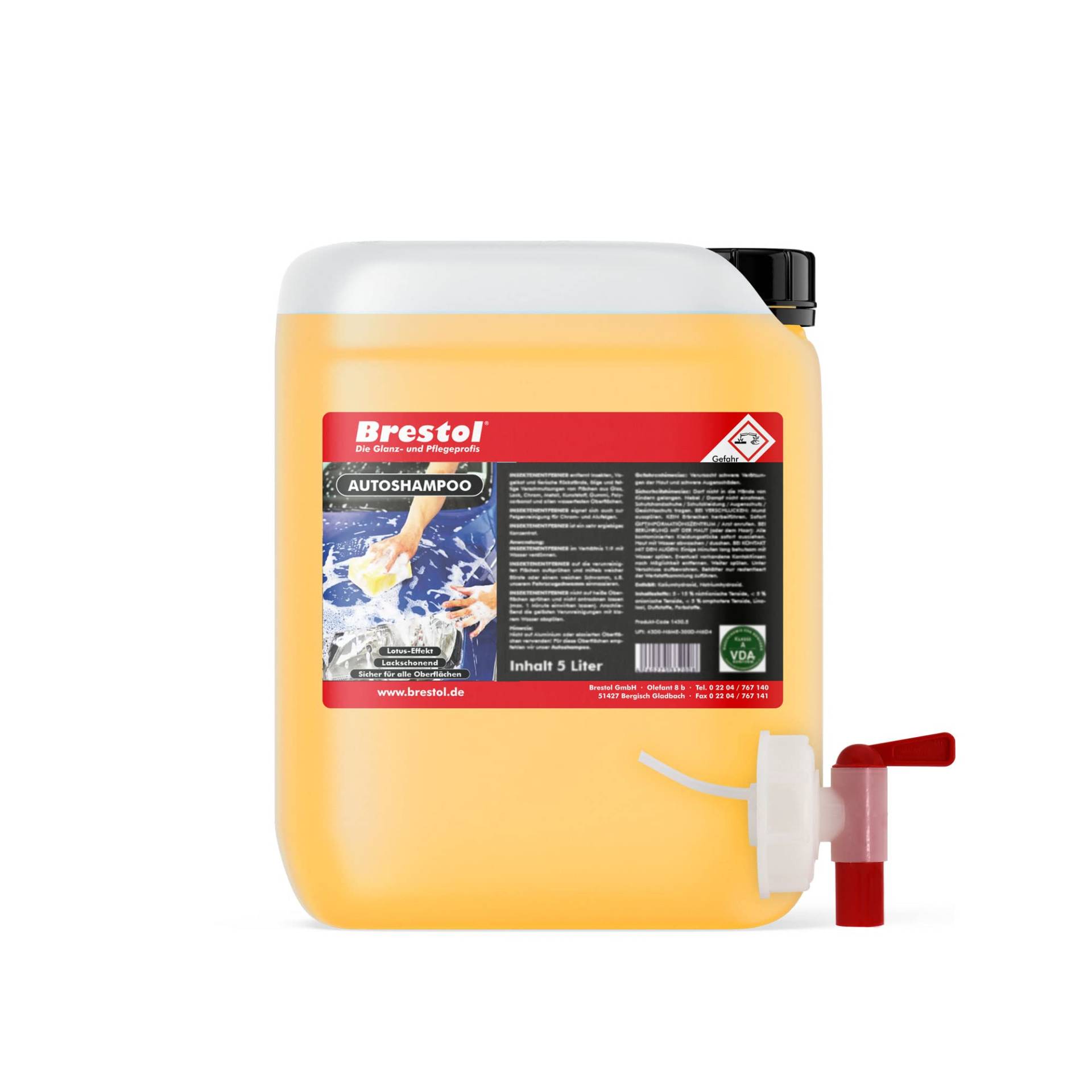 BRESTOL® Autoshampoo 5 Liter Konzentrat mit Auslaufhahn 51 mm - Autowäsche Abperleffekt Abperl-Effekt geeignet für Foam Master Schaumsprüher Schaumsprühgerät oder manuelle Fahrzeugwäsche von Brestol