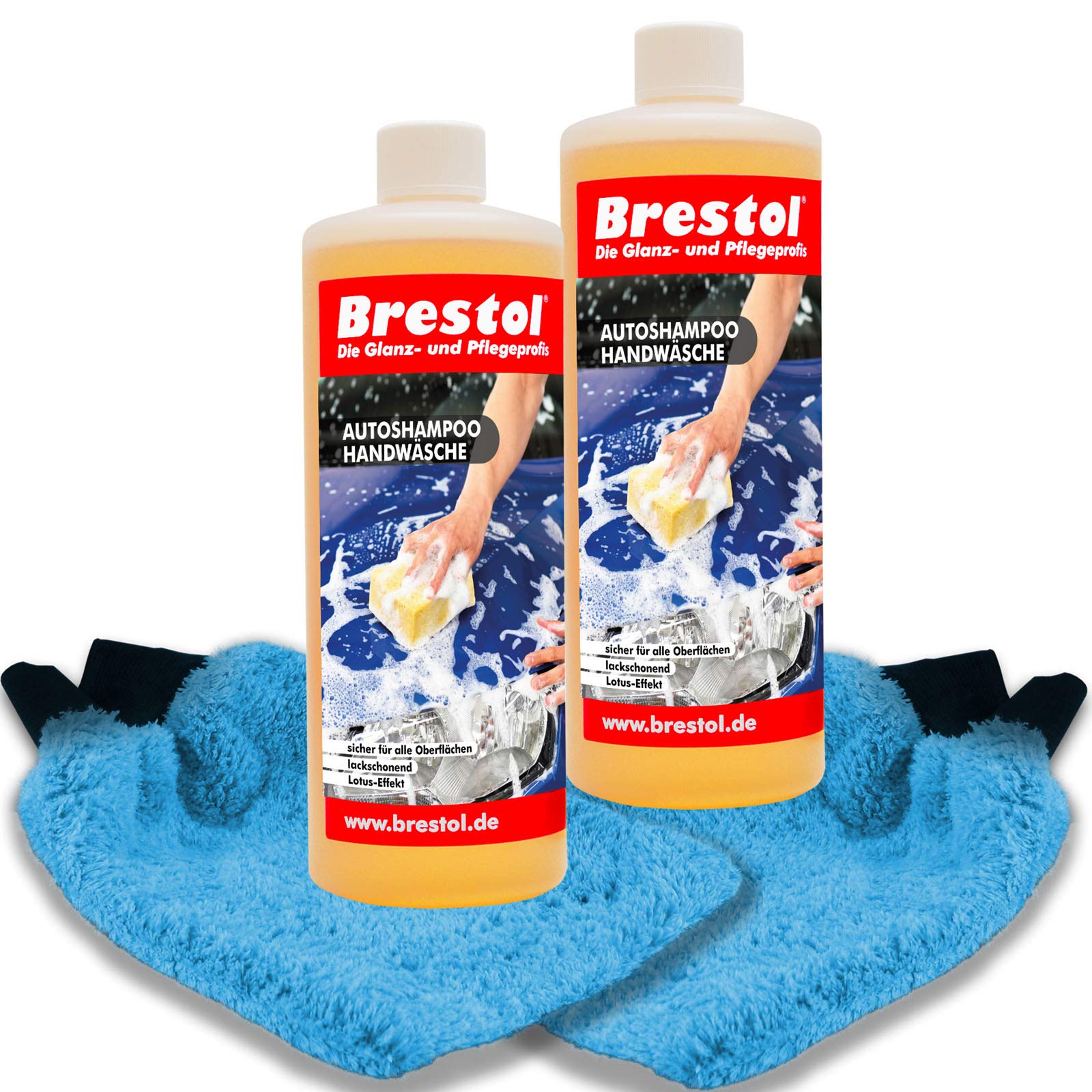 Brestol Autoshampoo SET2 2X 1000 ml Konzentrat + 2X Waschhandschuh - Autowäsche Abperleffekt geeignet für Foam Master Schaumsprüher Schaumsprühgerät oder manuelle Fahrzeugwäsche von Brestol