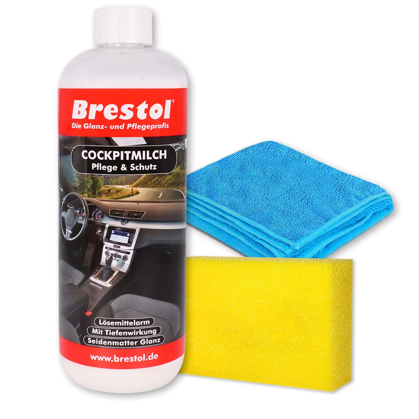 Brestol Cockpitmilch 1000 ml + Zubehör Set - Cockpitpflegemilch Cockpitreinigungsmilch Innenraumpflege Tiefenpflege Kunststoffpflege Gummipflege Cockpitpflege Vinypflege von Brestol