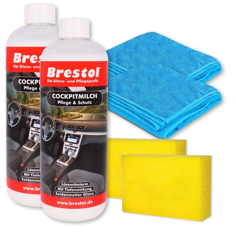 Brestol Cockpitmilch 2X 1000 ml + Zuebhör Set - Cockpitpflegemilch Cockpitreinigungsmilch Innenraumpflege Tiefenpflege Kunststoffpflege Gummipflege Cockpitpflege Vinypflege von Brestol