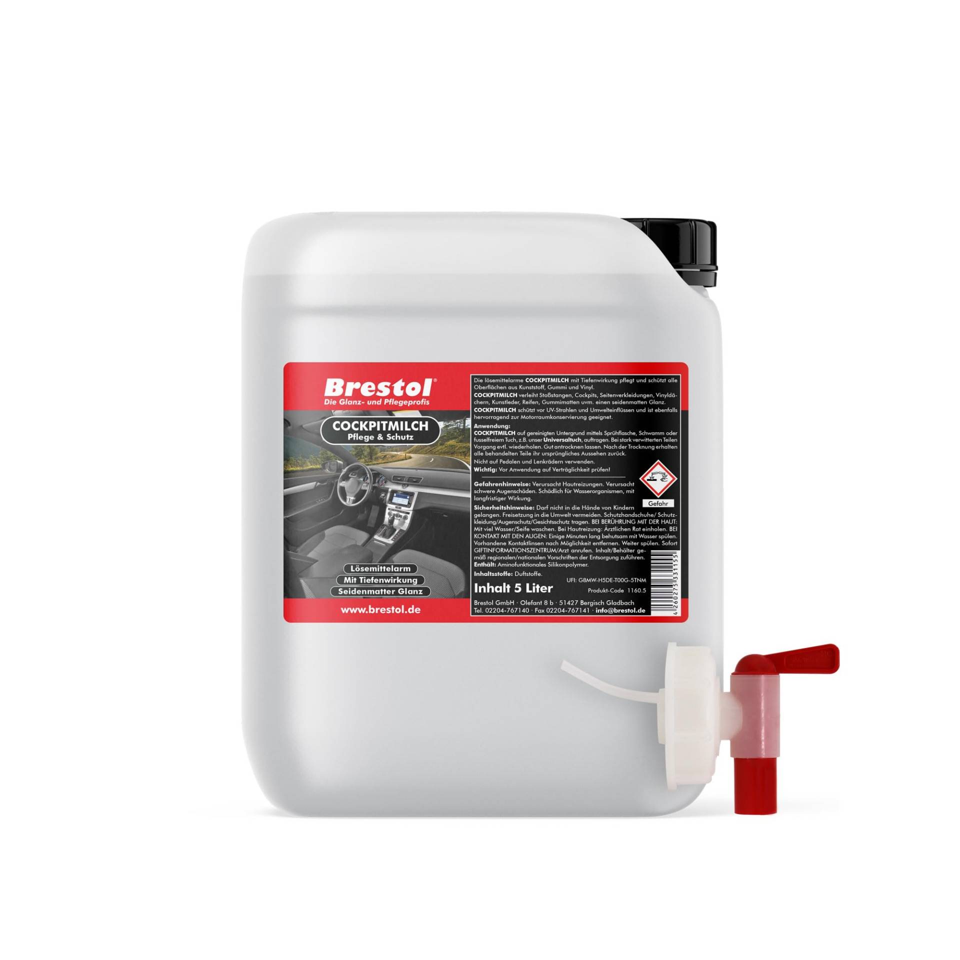 Brestol Cockpitmilch 5 Liter inkl. Auslaufhahn 51 mm - Cockpitpflegemilch Cockpitreinigungsmilch Innenraumpflege Tiefenpflege Kunststoffpflege Gummipflege Cockpitpflege Vinypflege Brestol Cockpitmilch 5 Liter inkl. Auslaufhahn 51 mm - Cockpitpflegemilch Cockpitreinigungsmilch Innenraumpflege Tiefenpflege Kunststoffpflege Gummipflege Cockpitpflege Vinypflege von Brestol