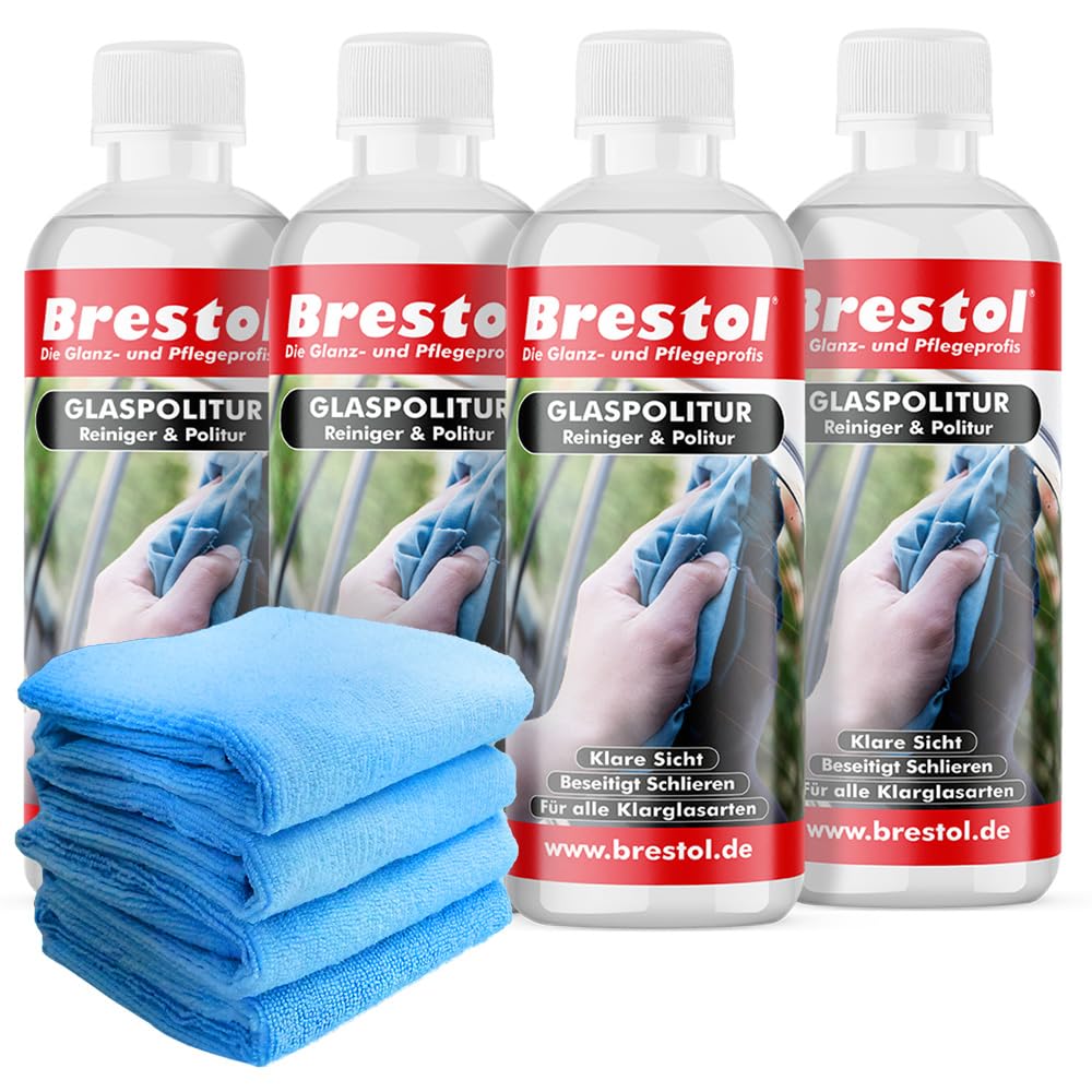 Brestol GlasPolitur 4X 300 ml - Hochwirksame Politur für Fenster, Spiegel, Autoscheiben - Schonende Formel für kratzfreie Glasoberfläche, Lang anhaltender Glanz und Schutz + 4X Universaltuch Brestol GlasPolitur 4X 300 ml - Hochwirksame Politur für Fenster, Spiegel, Autoscheiben - Schonende Formel für kratzfreie Glasoberfläche, Lang anhaltender Glanz und Schutz + 4X Universaltuch von Brestol