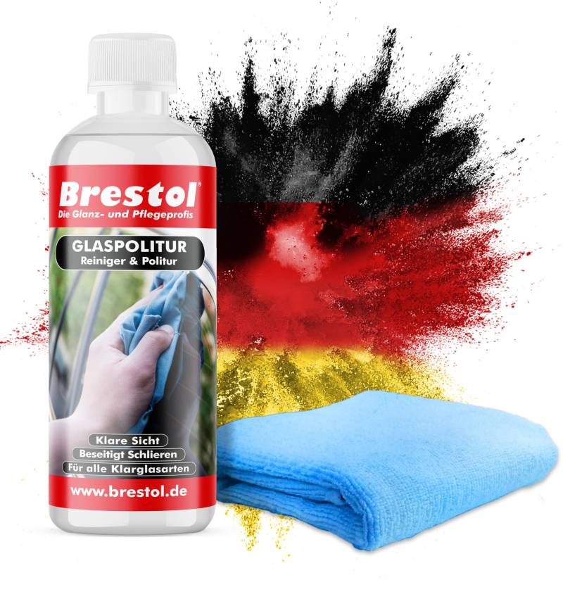 Brestol GlasPolitur 300 ml - Hochwirksame Politur für Fenster, Spiegel, Autoscheiben - Schonende Formel für kratzfreie Glasoberfläche, Lang anhaltender Glanz und Schutz + 1x Universaltuch von Brestol