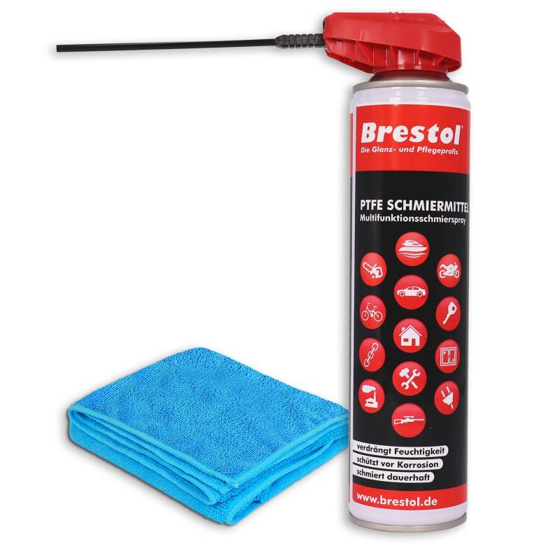 Brestol PTFE Spray 400 ml + Universaltuch - 10 in 1 Schmierspray Kettenspray Rostlöser Kriechöl Schneidöl Trennmittel Korrosionsschutz Kontaktspray Zahnradspray Feuchtigkeitsverdränger Schmiermittel von Brestol