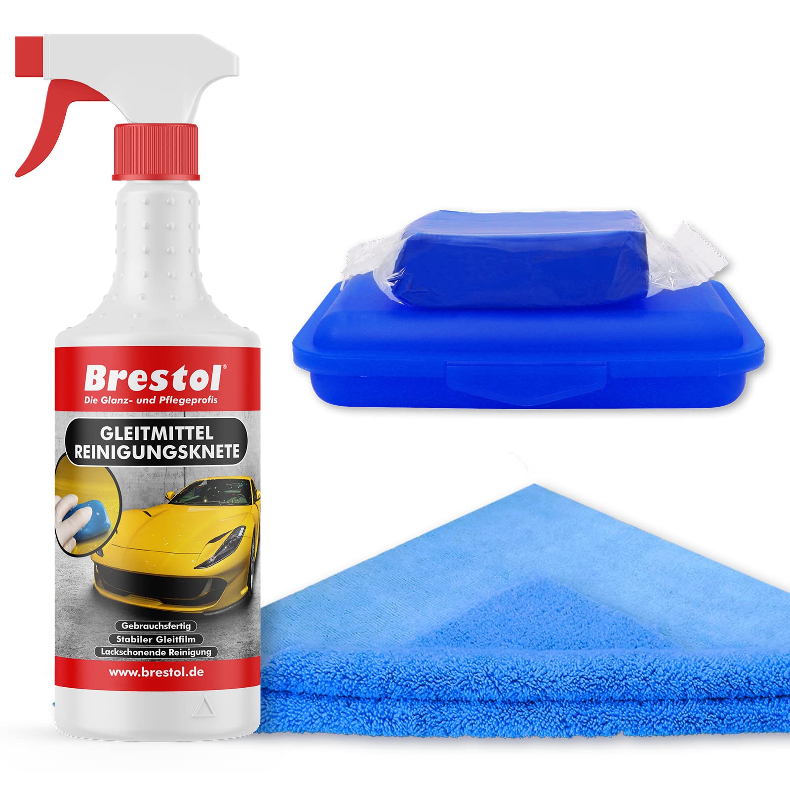 Brestol® Reinigungsknete Set1 200 g Knete blau + Box + 750 ml Spezial GLEITMITTEL + Poliertuch - Polierknete Lackknete Clay-Bar Auto-Lack-Knete - entfernt Baumharz Insekten u.v.m. von Brestol