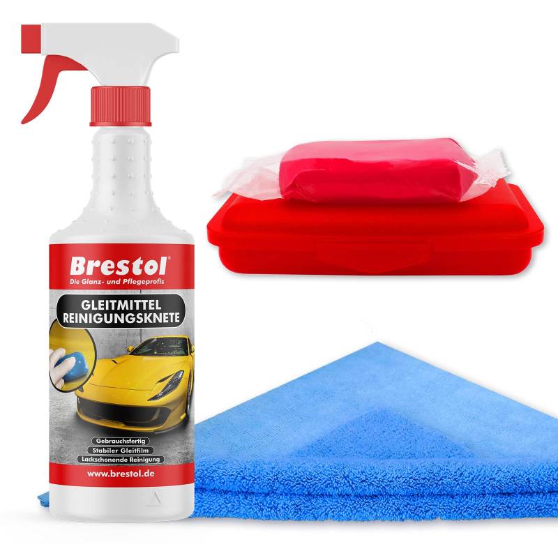 Brestol® Reinigungsknete Set4 200 g Knete rot stark + Box + 750 ml Spezial GLEITMITTEL + Poliertuch - Polierknete Lackknete Clay-Bar Auto-Lack-Knete - entfernt Baumharz Insekten u.v.m. von Brestol