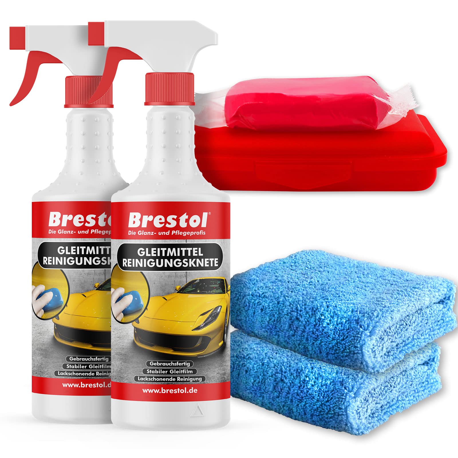 BRESTOL® Reinigungsknete Set5 200 g Knete rot stark + Box + 2x 750 ml Spezial GLEITMITTEL + 2x Poliertuch - Polierknete Lackknete Clay-Bar Auto-Lack-Knete - entfernt Baumharz Insekten u.v.m. von Brestol