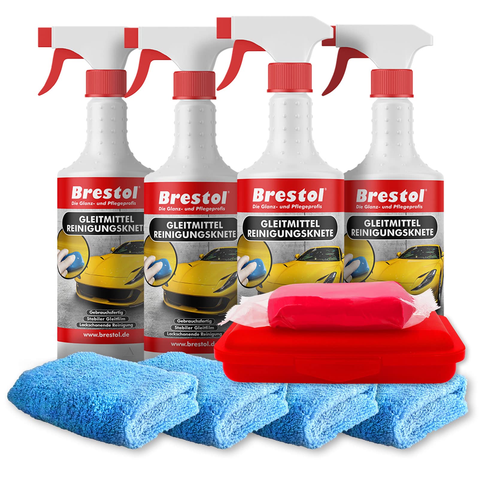 BRESTOL® Reinigungsknete Set6 200 g Knete rot stark + Box + 4x 750 ml Spezial GLEITMITTEL + 4x Poliertuch - Polierknete Lackknete Clay-Bar Auto-Lack-Knete - entfernt Baumharz Insekten u.v.m. von Brestol