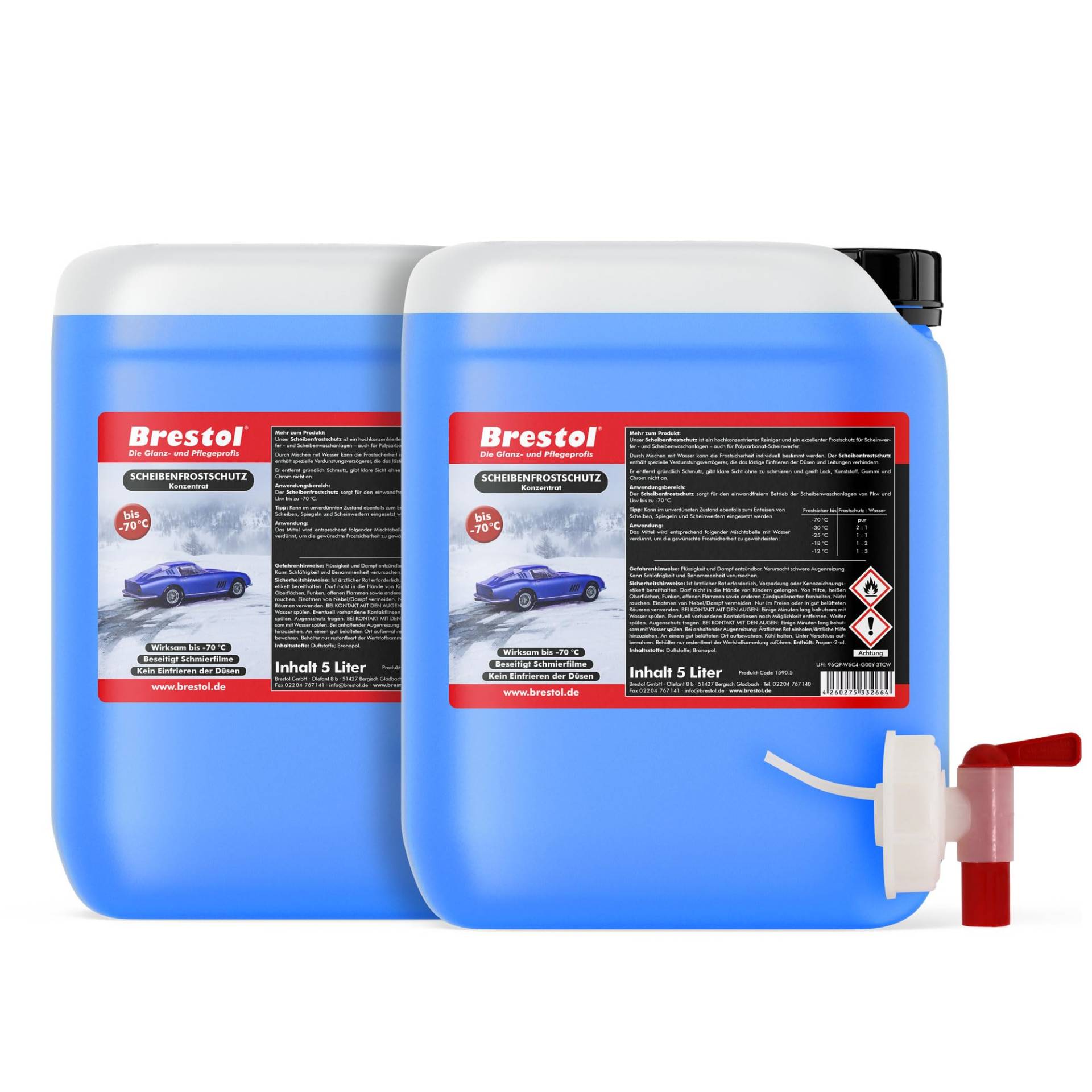 Brestol Scheibenfrostschutz 10 Liter Konzentrat -70 °C inkl. Auslaufhahn 51 mm - Waschanlagenzusatz Antifrost Anti-Frost Klarsicht Enteiser Scheibenenteiser Klare Sicht von Brestol