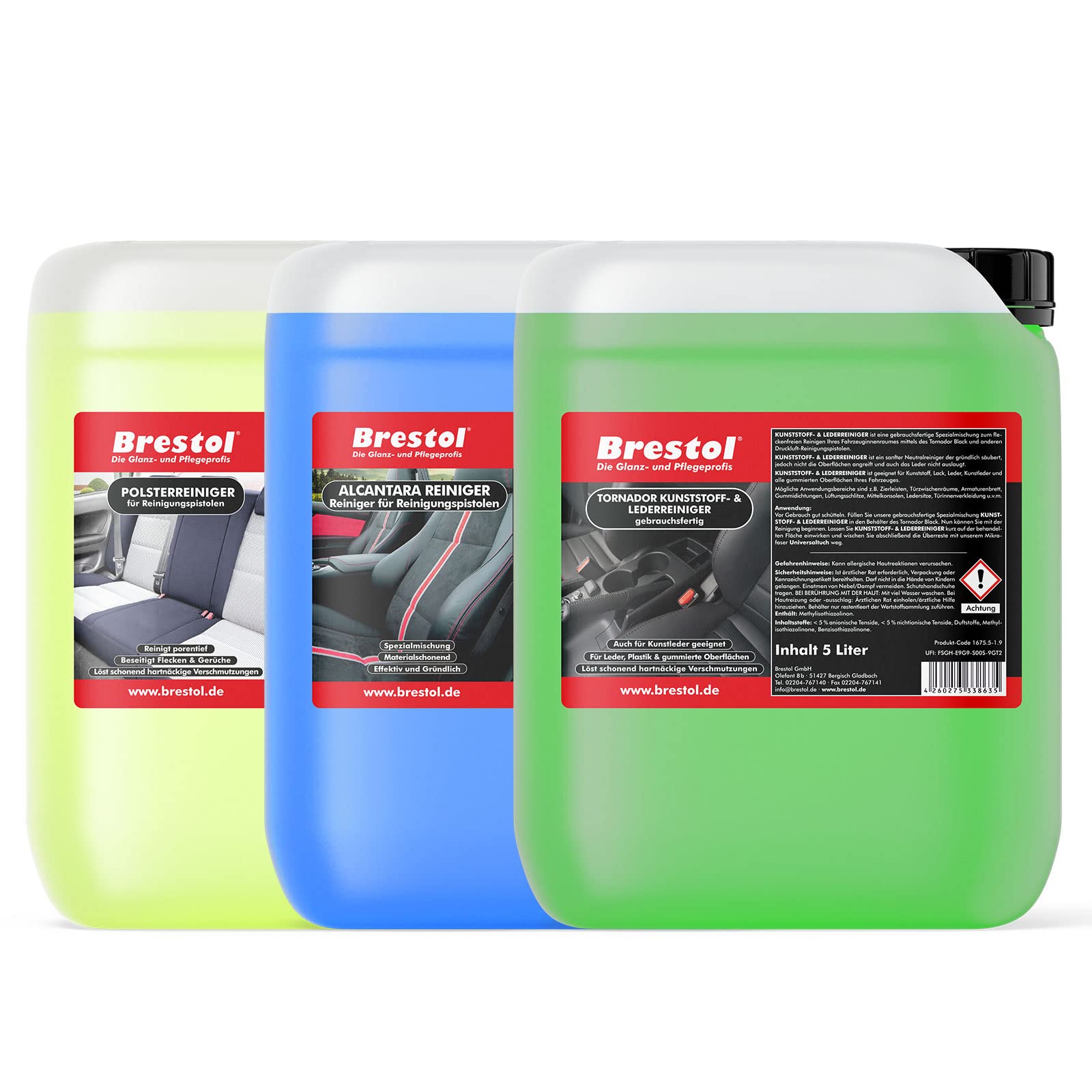 Brestol® Reiniger Set - 1x 5 Liter Alcantara Reiniger + 1x 5 Liter Kunststoff- & Lederreiniger + 1x 5 Liter Polsterreiniger - gebrauchsfertige Reiniger für Reinigungspistolen Tornador von Brestol