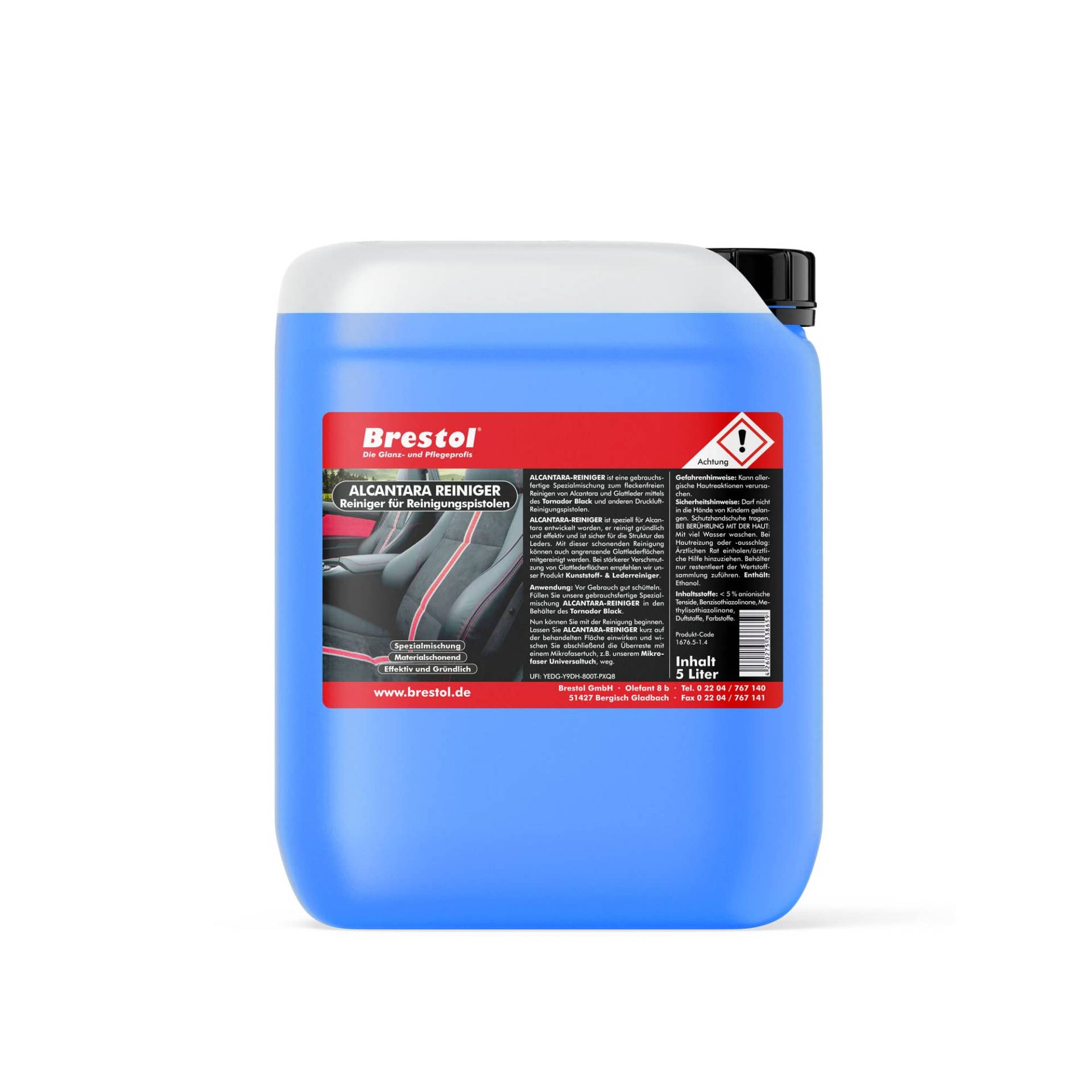 Brestol® Alcantara Reiniger für Reinigungspistolen 5 Liter gebrauchsfertig - für Alcantara-Sitze, Alcantara-Bezug, alle Glattleder-Arten und Ledersitze Lenkrad Tornador von Brestol