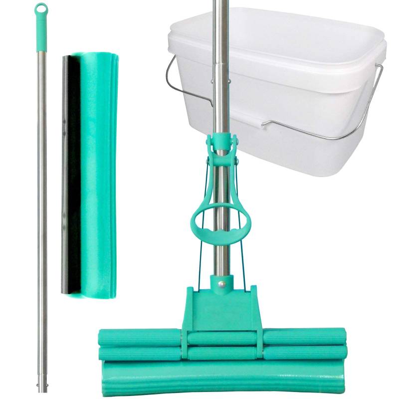 Green Mop Set 30-02 - Green Mop 30 cm + Stiel + Ersatzschwammm + 10 Liter Eimer in weiss - Doppelwringer Mop saugstarker WischMop PVA Bodenwischer von Brestol