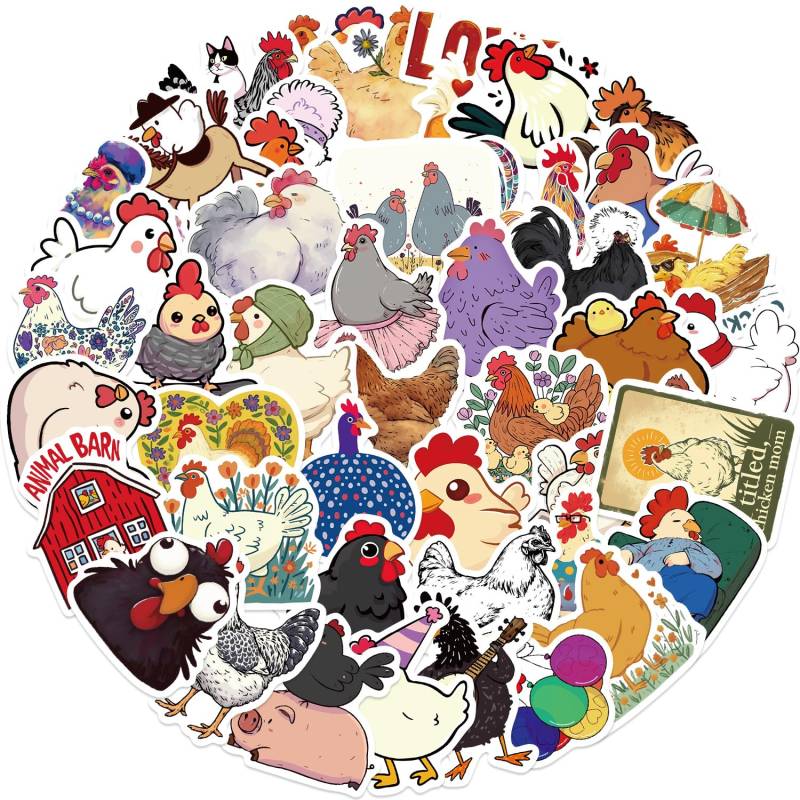 50 Stück Farbige Hühner Aufkleber Auto Laptop Telefon Gitarre Skateboard Motorrad Fahrrad Colored Chicken Stickers Set Vinyl Wasserdicht Aesthetic Aufkleber für Jugendliche Kinder Erwachsene von Bric Dodo
