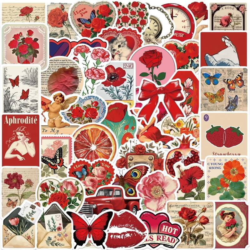 50 Stück Red Aesthetics Aufkleber Auto Laptop Telefon Gitarre Skateboard Motorrad Fahrrad Vintage Aesthetic Stickers Set Vinyl Wasserdicht Aesthetic Aufkleber für Jugendliche Kinder Erwachsene von Bric Dodo