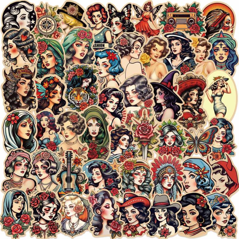 50 Stück Retro-Tattoo Mädchen Aufkleber Auto Laptop Telefon Gitarre Skateboard Motorrad Fahrrad Retro Tattoo Girl Stickers Set Vinyl Wasserdicht Aesthetic Aufkleber für Jugendliche Kinder Erwachsene von Bric Dodo