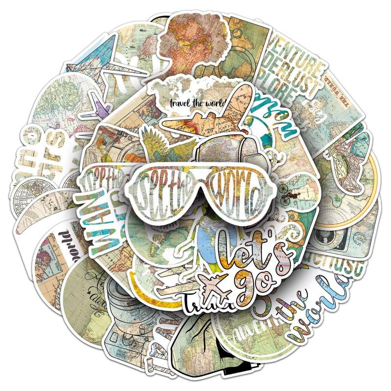 Bric Dodo 50 Stück Die Karte Aufkleber Auto Laptop Telefon Gitarre Skateboard Motorrad Fahrrad Retro-Karte Map Stickers Set Vinyl Wasserdicht Aesthetic Aufkleber für Jugendliche Kinder Erwachsene von Bric Dodo