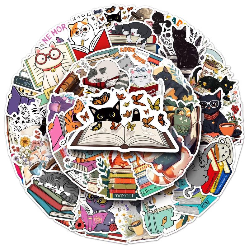 Bric Dodo 50 Stück Katzen Lesen Aufkleber Auto Laptop Telefon Gitarre Skateboard Motorrad Fahrrad Reading Cat Stickers Set Vinyl Wasserdicht Aesthetic Aufkleber für Jugendliche Kinder Erwachsene von Bric Dodo