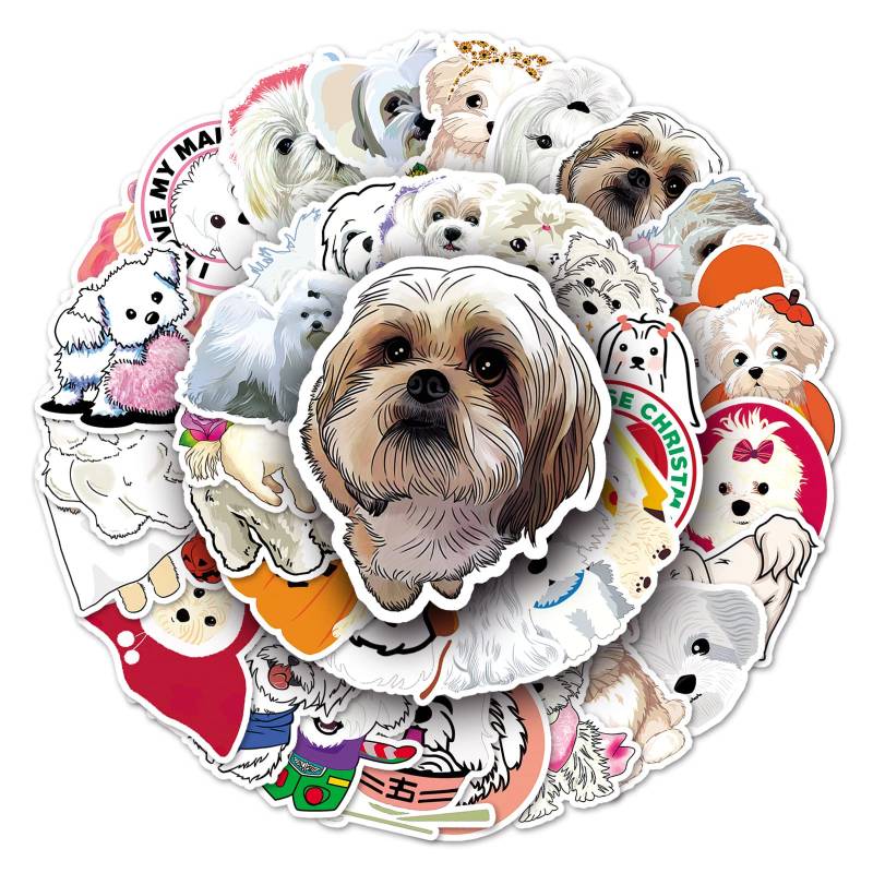 Bric Dodo 50 Stück MalteseDog Aufkleber Wasserflaschen Laptop Telefon Gitarre Skateboard Computer Koffer Fahrrad Dog Vinyl Stickers Wasserdicht Ästhetisch Aufkleber für Jugendliche Kinder Erwachsene von Bric Dodo