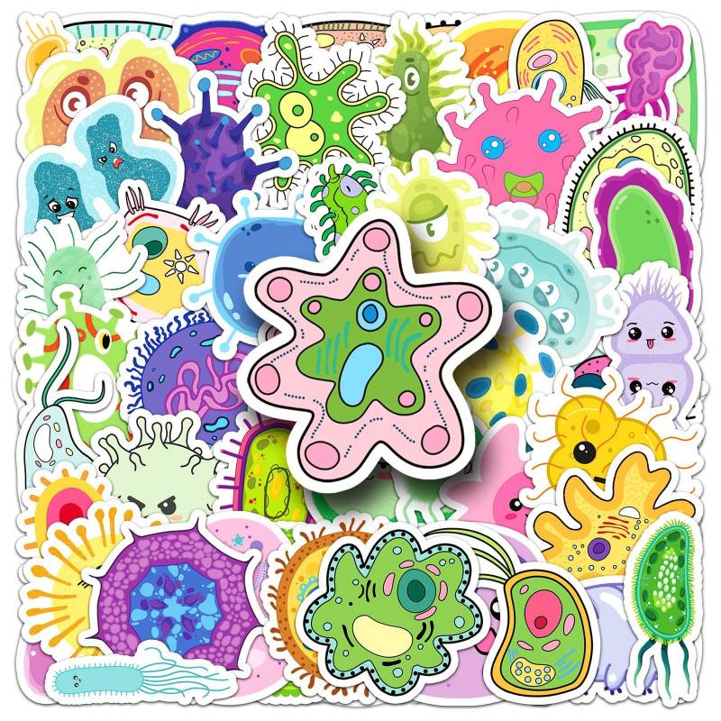 Bric Dodo 50 Stück Mikroorganismen Aufkleber Auto Laptop Telefon Gitarre Skateboard Motorrad Fahrrad Microbe Stickers Set Vinyl Wasserdicht Aesthetic Aufkleber für Jugendliche Kinder Erwachsene von Bric Dodo