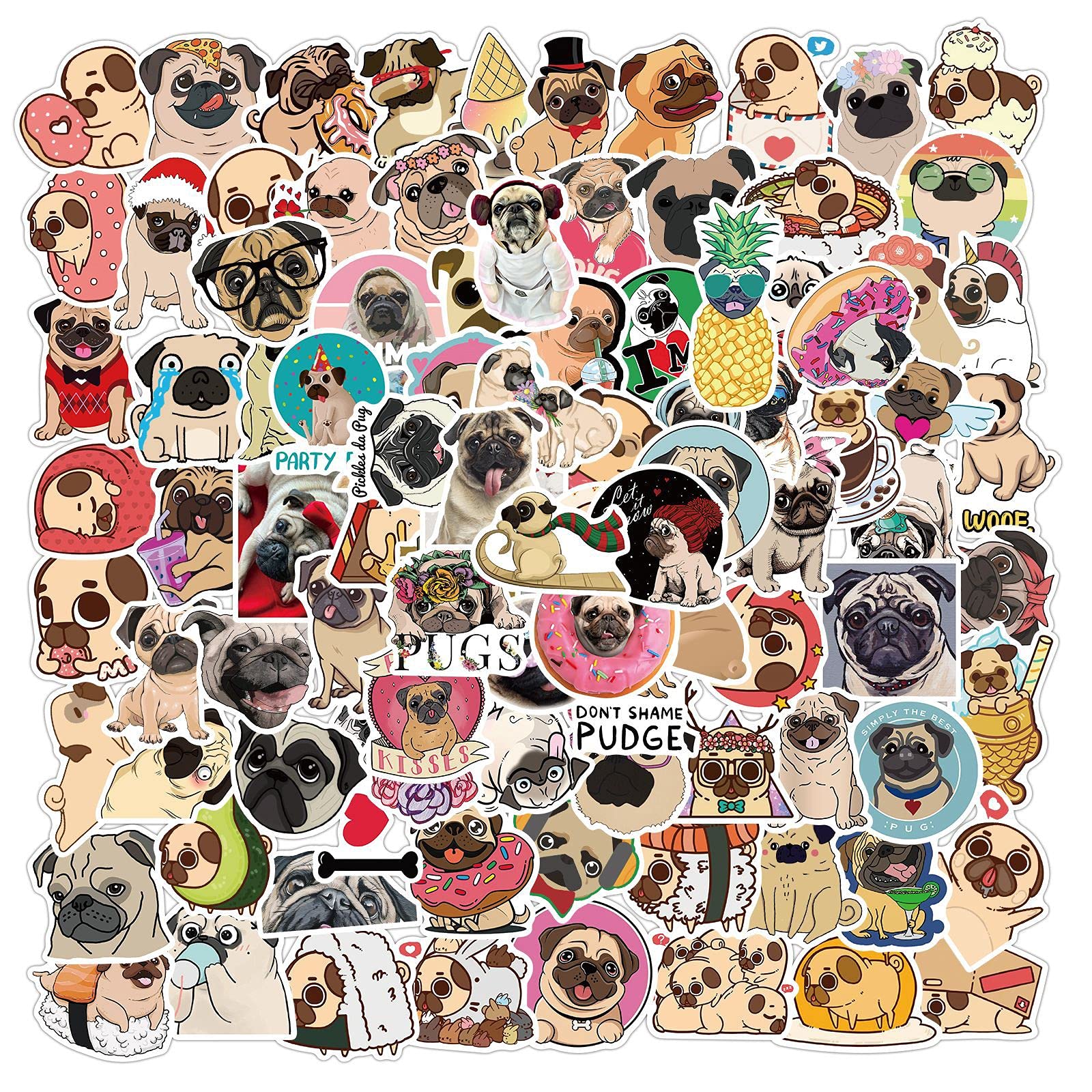 100 Stück Mops Aufkleber Wasserflaschen Laptop Telefon Gitarre Skateboard Computer Koffer Fahrrad Pug (dog) Vinyl Stickers Wasserdicht Ästhetisch Aufkleber für Jugendliche Kinder Erwachsene von Bric Dodo