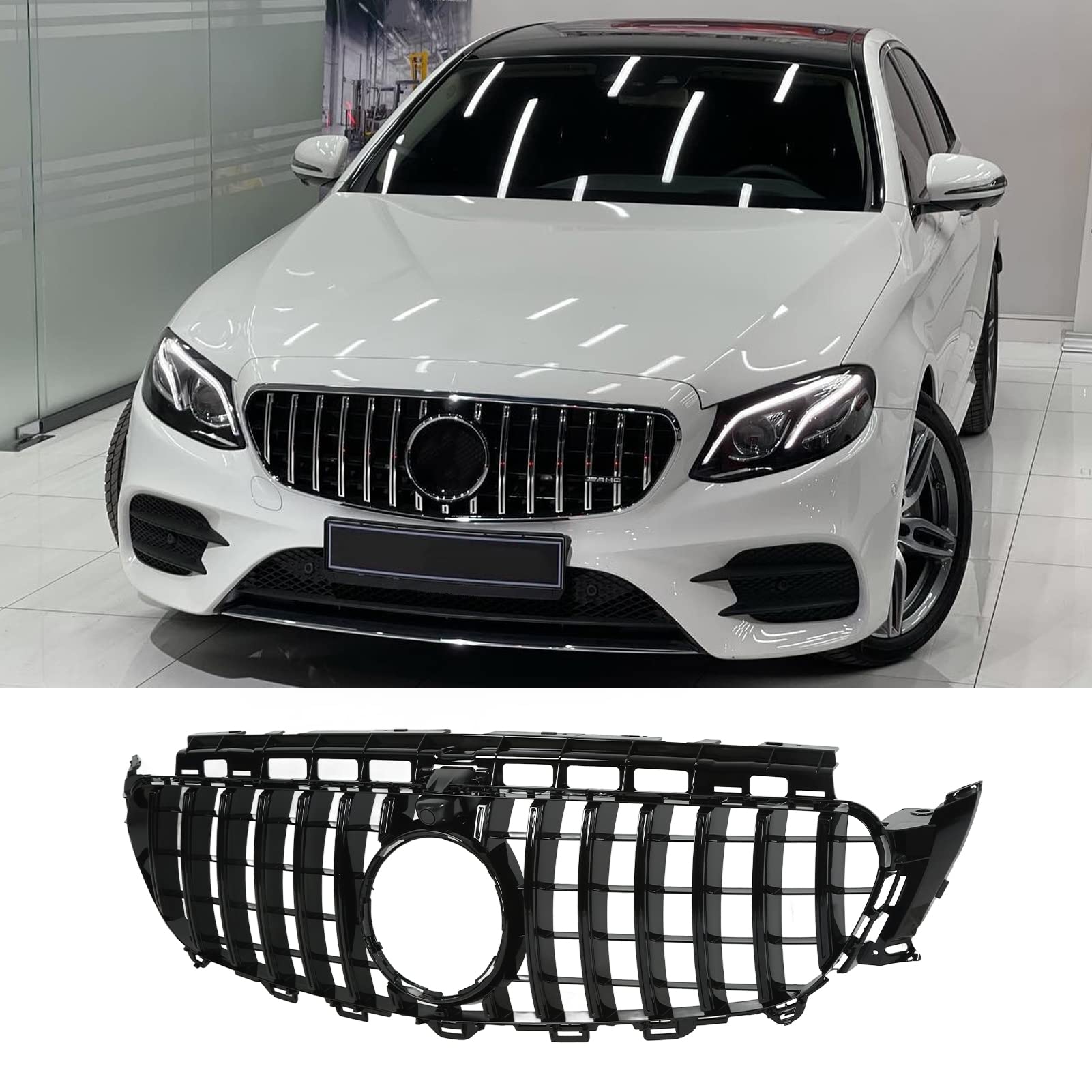 Fronthaubengrill für Panamericana GT Style Grill mit Kameralöchern für EClass W213 C238 S 213 PreFacelift 2017-2020, vordere Nierengrillabdeckung (Black) von Brilluxa