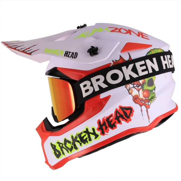 Broken Head Crosshelm FreakZone Weiss-Rot + MX-Brille Struggler Rot von Broken Head