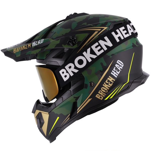 Broken Head Crosshelm Squadron Grün-Gold + MX-Brille Struggler Gold von Broken Head