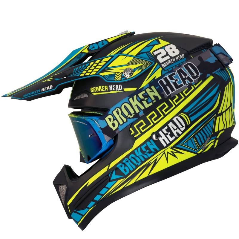 Broken Head Division MX Set - Motocross-Helm mit Motorrad-Brille - Motorradhelm für Supermoto, Quad - Crosshelm, Neon-Gelb-Türkis (S (55-56 cm)) von Broken Head