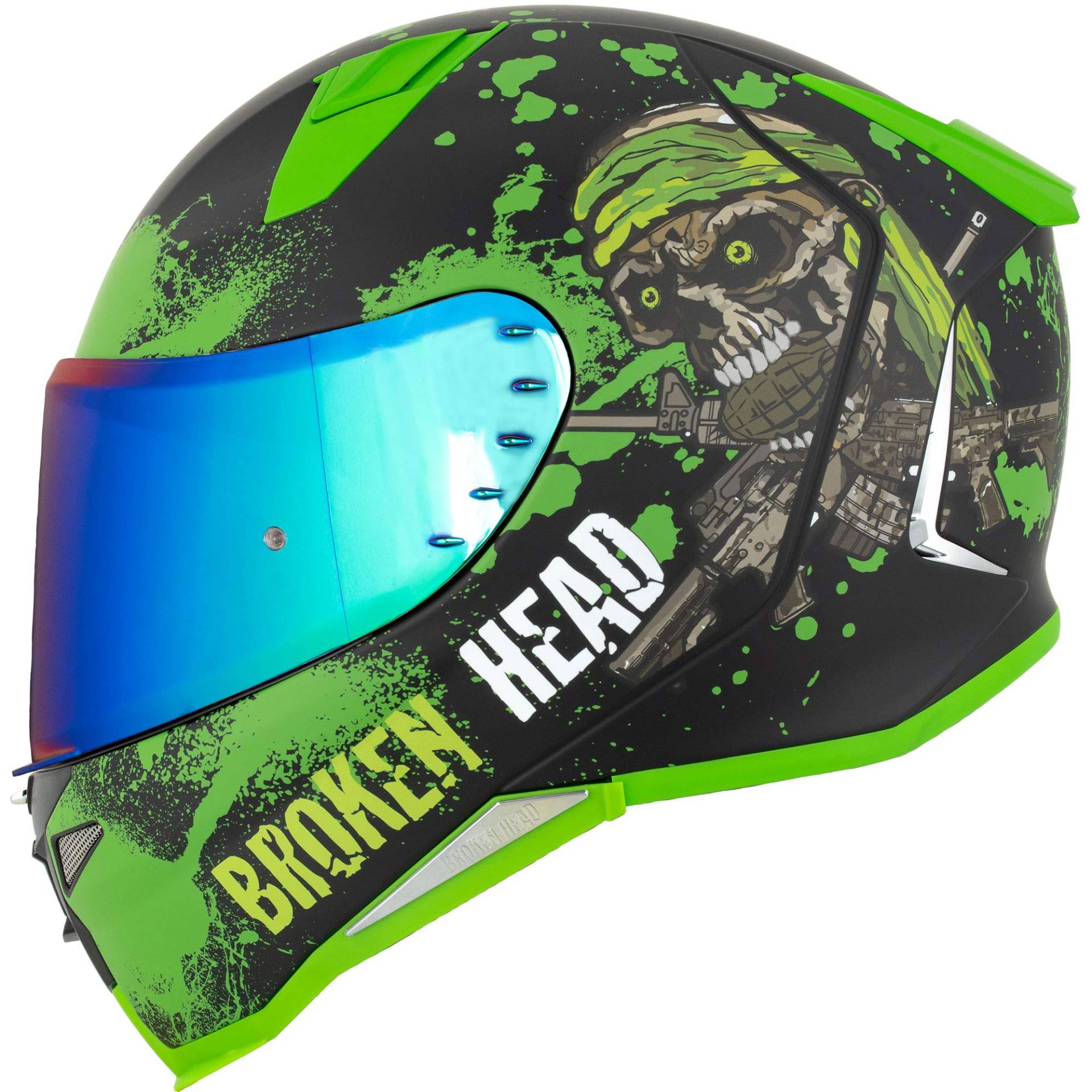 Broken Head Jack S. V2 Pro - Integral-Helm Grün- Sport-Motorrad-Helm Mit 2 Visieren (Klares + Gratis Grün Verspiegeltes Visier) - Größe XS (53-54 cm) von Broken Head