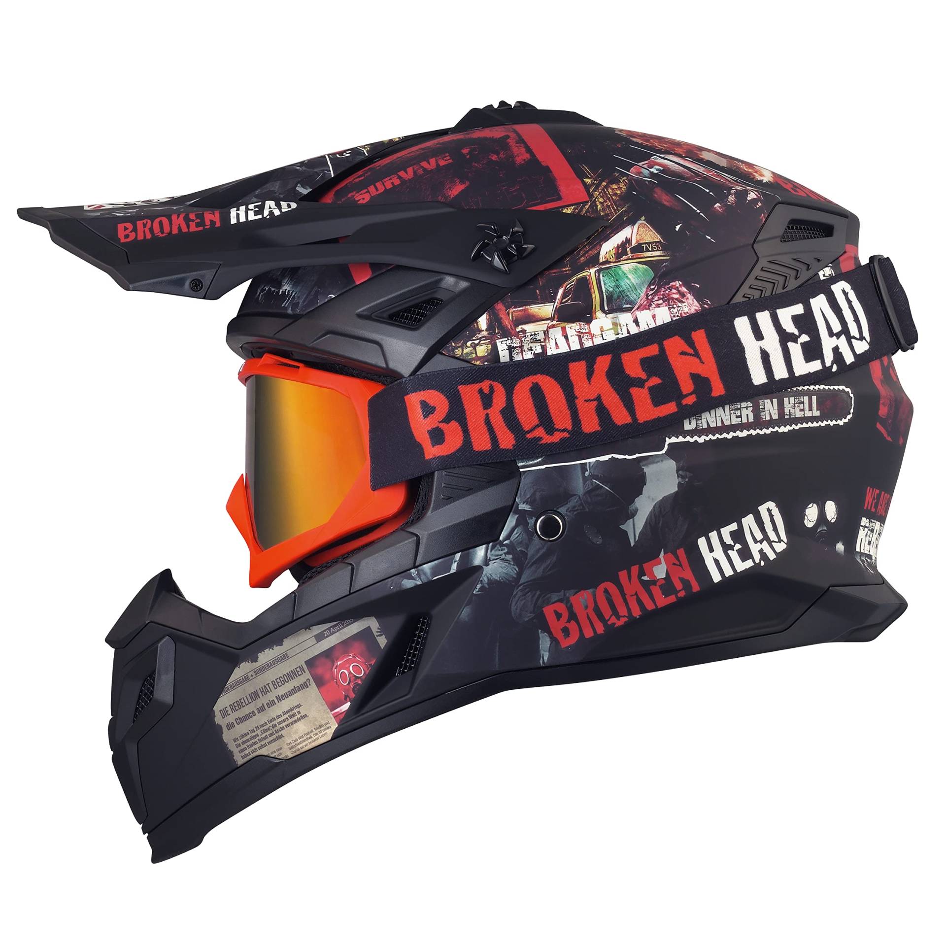 Broken Head Resolution Rot Quad- & Motocross-Helm - MX Cross-Helm Set mit MX-2 Goggle - Matt-schwarz & Rot - Größe S (55-56 cm) von Broken Head