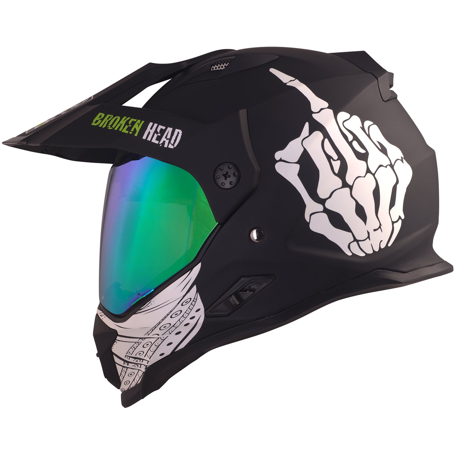 Broken Head Street Rebel grün Motocross-Helm Set mit grün verspiegeltem Visier - Enduro-Helm - MX Cross-Helm mit Sonnenblende - Quad-Helm (M 57-58 cm) von Broken Head