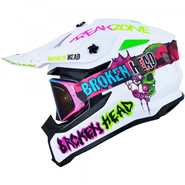 Broken Head Supermoto Helm FreakZone Weiss-Pink-Grün + MX-Brille Re... von Broken Head