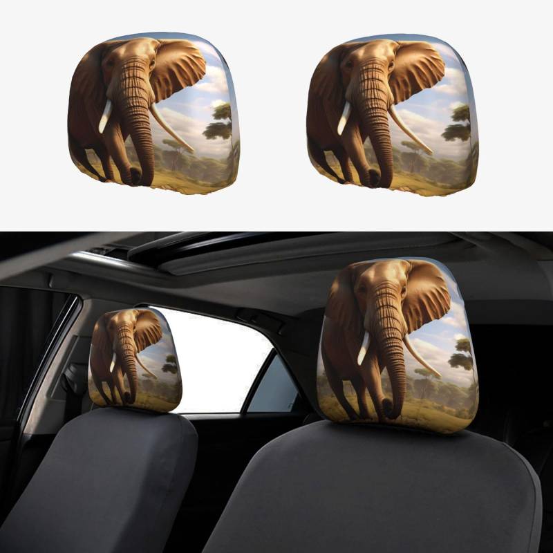 Broleo Wildtiere Elefant Bild Auto Kopfstützenbezug 2-teiliges Set Innenzubehör Dekoration Passform PKW Vans LKW Universal Sitzzubehör von BROLEO