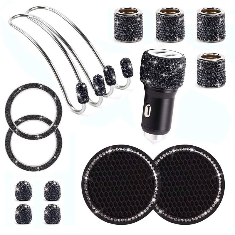 15 Stück Auto Zubehör Innenraum Frauen Glitzer, Auto Accessories Interior Girls, Bling Bling Auto Deko Innenraum Autozubehör, Car Accessories Usb Adapter/Silikon Untersetzer/Kopfstützen Haken Set von Bseical