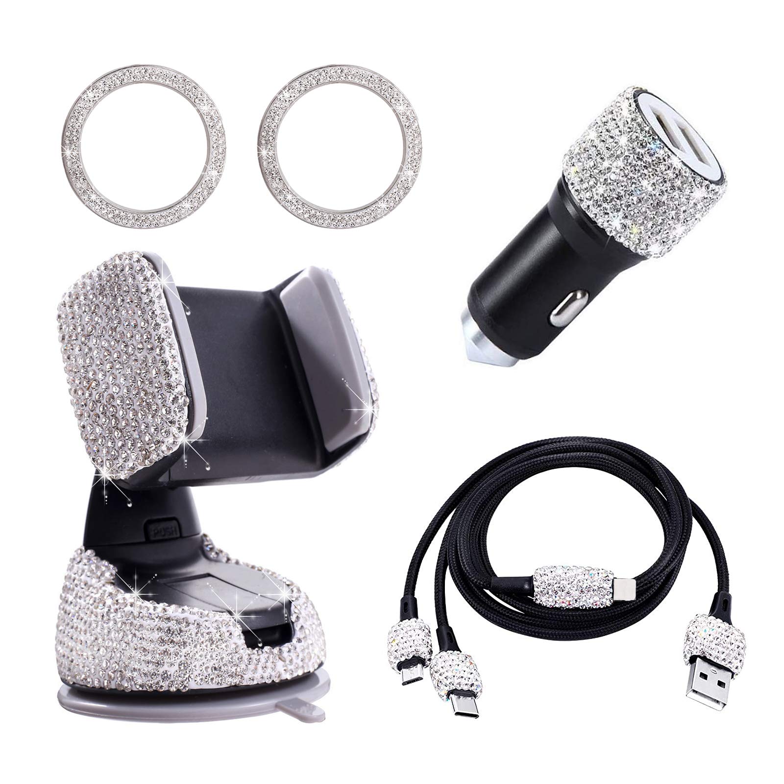 Auto Zubehör Innenraum Frauen Glitzer, Auto Dekoration Innenraum Frauen, Autozubehör Bling Bling Car Accessories Kristall Usb Adapter, Usb Kabel Micro/type C, Handyhalterung (Silber, 5pc Set) von Bseical